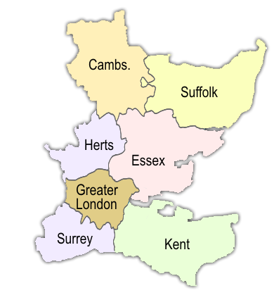 map showing suppply and fix areas; Essex, Hertfordshire, London, Kent, Surrey, Suffolk and Cambridgeshire